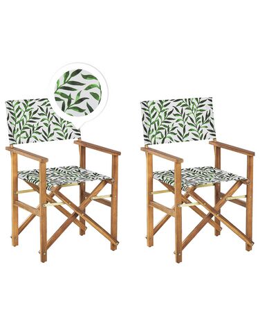 Set of 2 Acacia Folding Chairs and 2 Replacement Fabrics Light Wood with Off-White / Leaf Pattern CINE