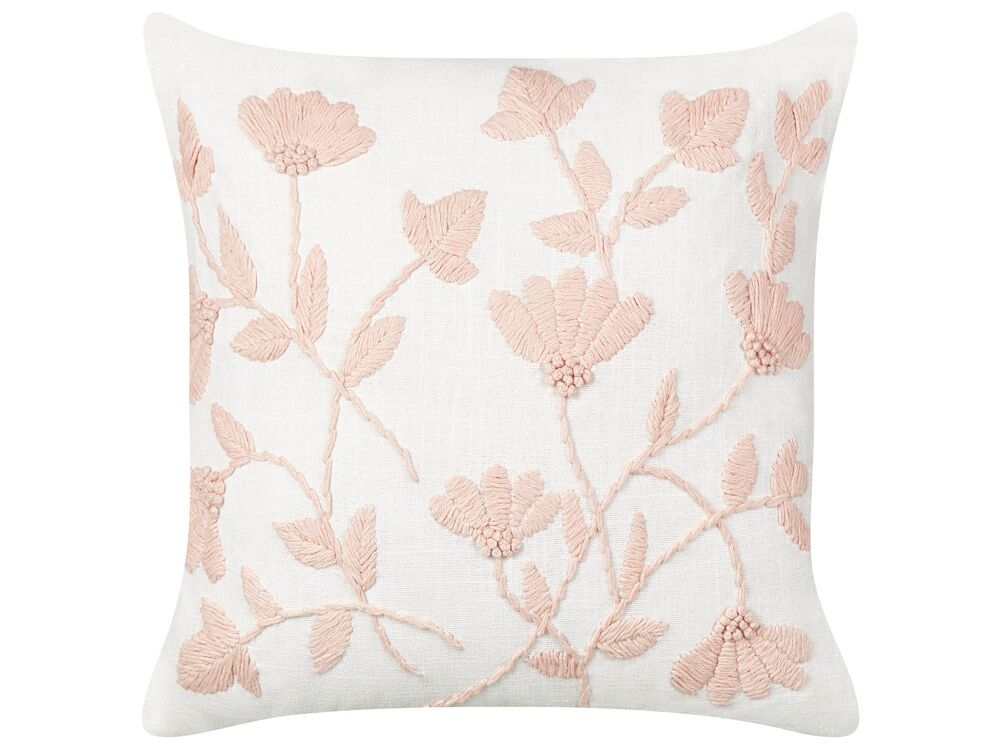 Embroidered Cotton Cushion Floral Pattern 45 x 45 cm White and Pink LUDISIA Beliani.cz