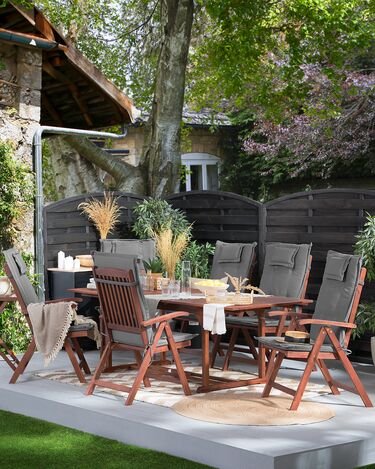 Set of 6 Acacia Garden Folding Chairs with Grey Cushions TOSCANA