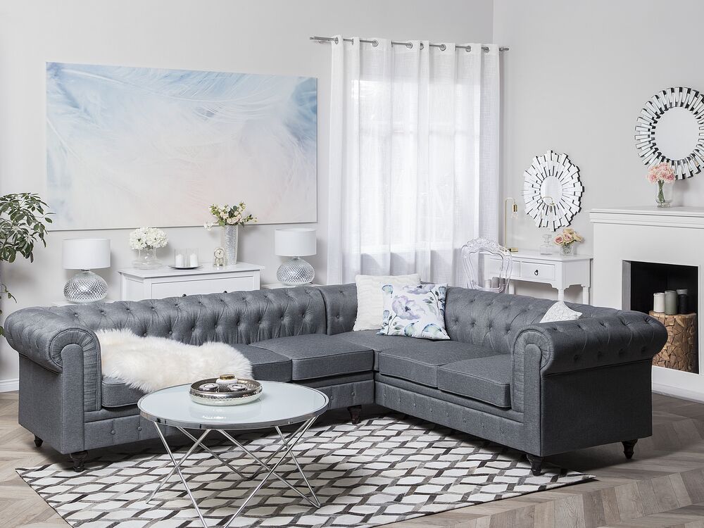 Left Hand Fabric Corner Sofa Grey CHESTERFIELD Beliani