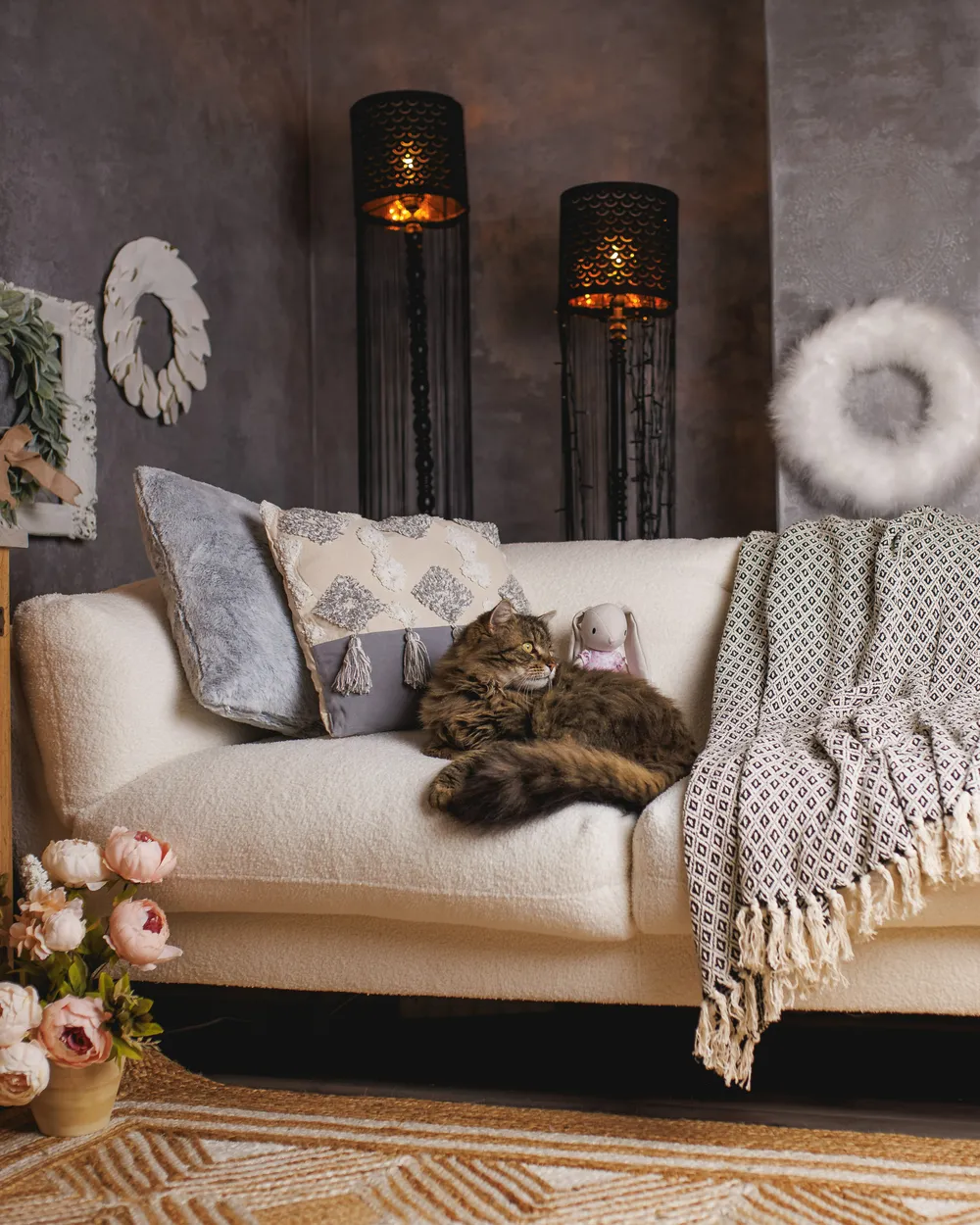 Sofa 3 Seater LENVIK Boucle White_980329
