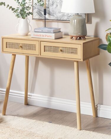 Rattan 2 Drawer Console Table Light Wood ODELL