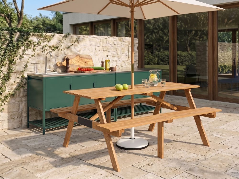 Picknicktafel met banken met bankje ROSCIGNO Dennenhout Lichtbruin