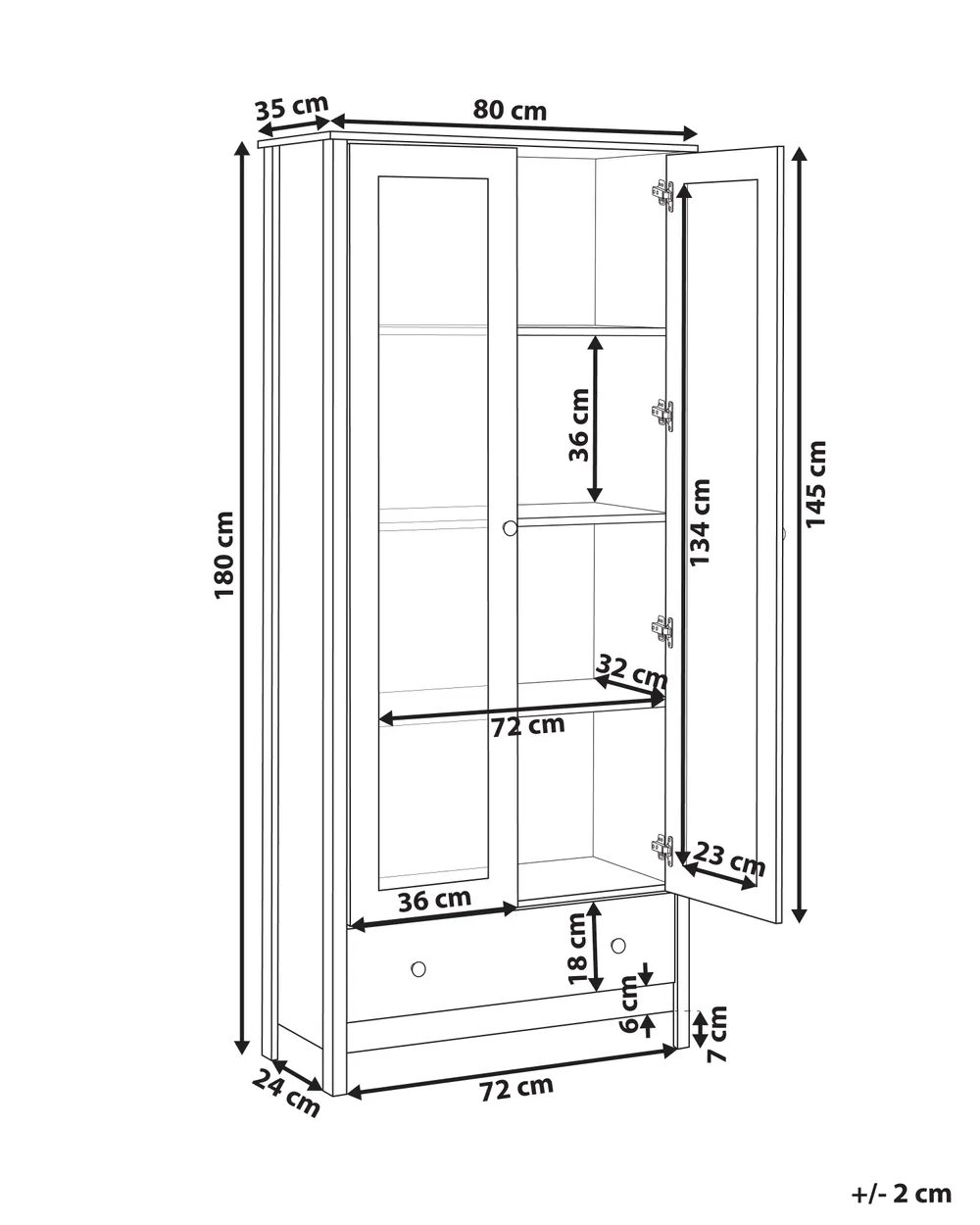 Armoire Vitrine Avec Portes Verre - 178x79x40cm - Panneau Particules Marron Clair - Style Cottage