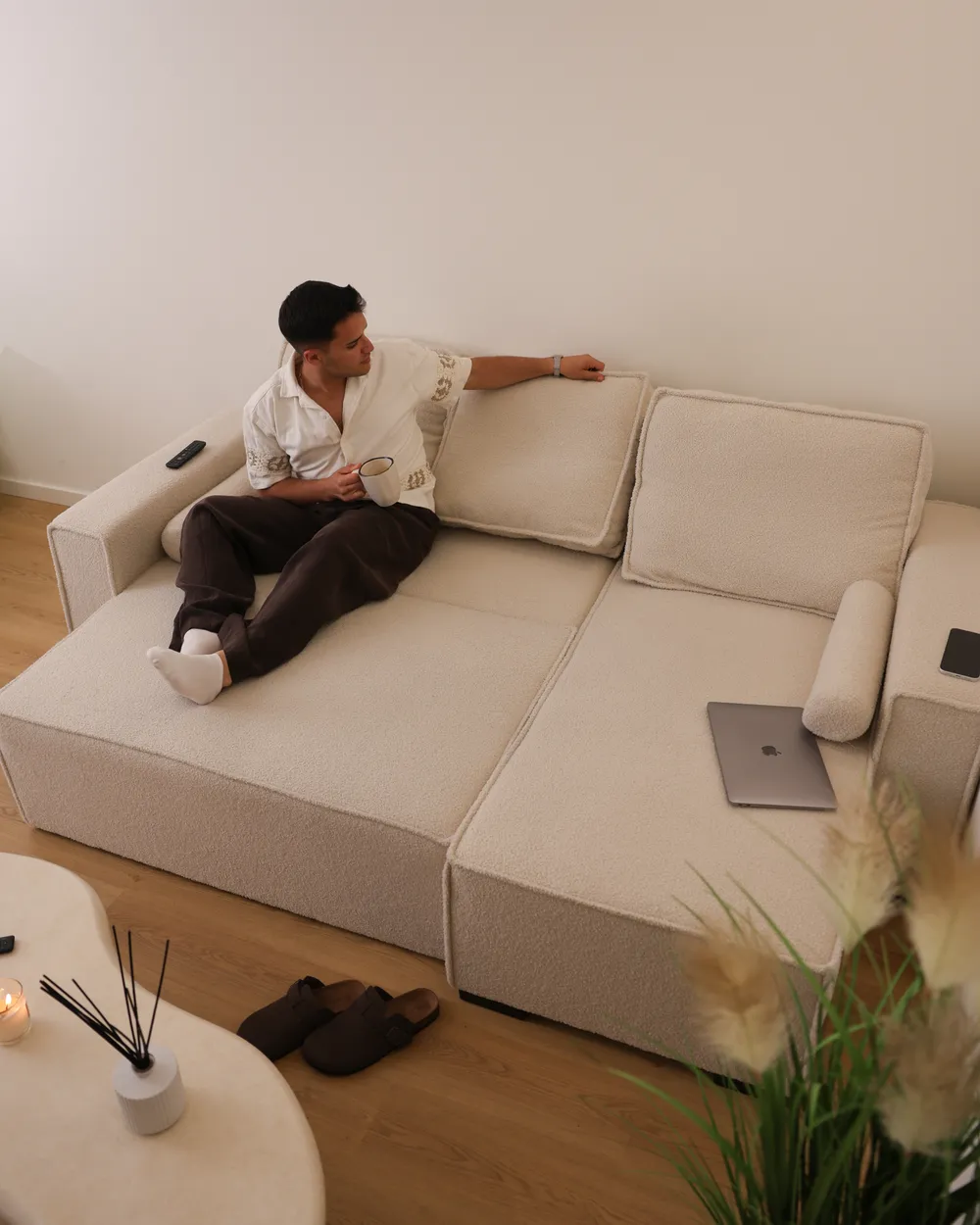 Corner Sofa Bed 3 Seater EDANE with Storage Boucle Off-White Left Hand_1074630
