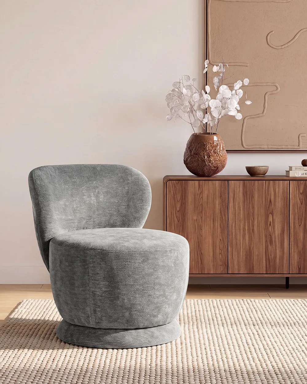 Swivel Armchair BLOMMA Chenille Light Green_1158569