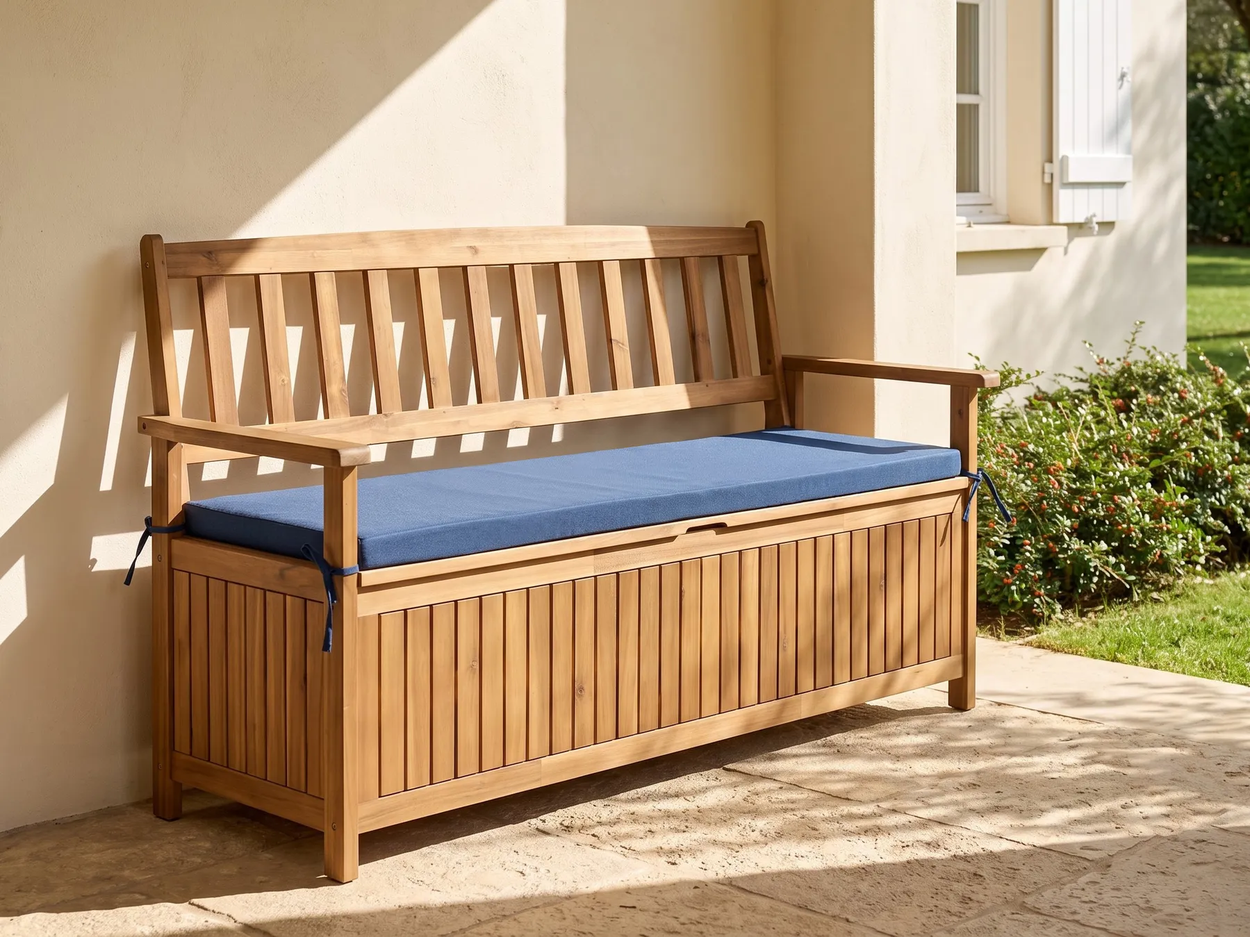 Panca da giardino con cuscino SOVANA 160 cm con contenitore Legno d'acacia Blu_1109923