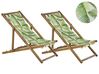 Set med 2 hopfällbara solstolar i akaciaträ och 2 ersättningstyger ljust trä/off-white/grön palmbladsmönster ANZIO_819564