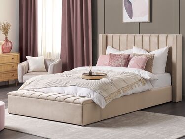 Velvet EU Super King Size Bed with Storage Bench Beige NOYERS