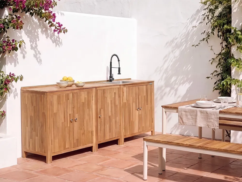 Set cucina da esterno 3 elementi con lavello VENOSA Marrone/Nero Legno d'acacia_1155571