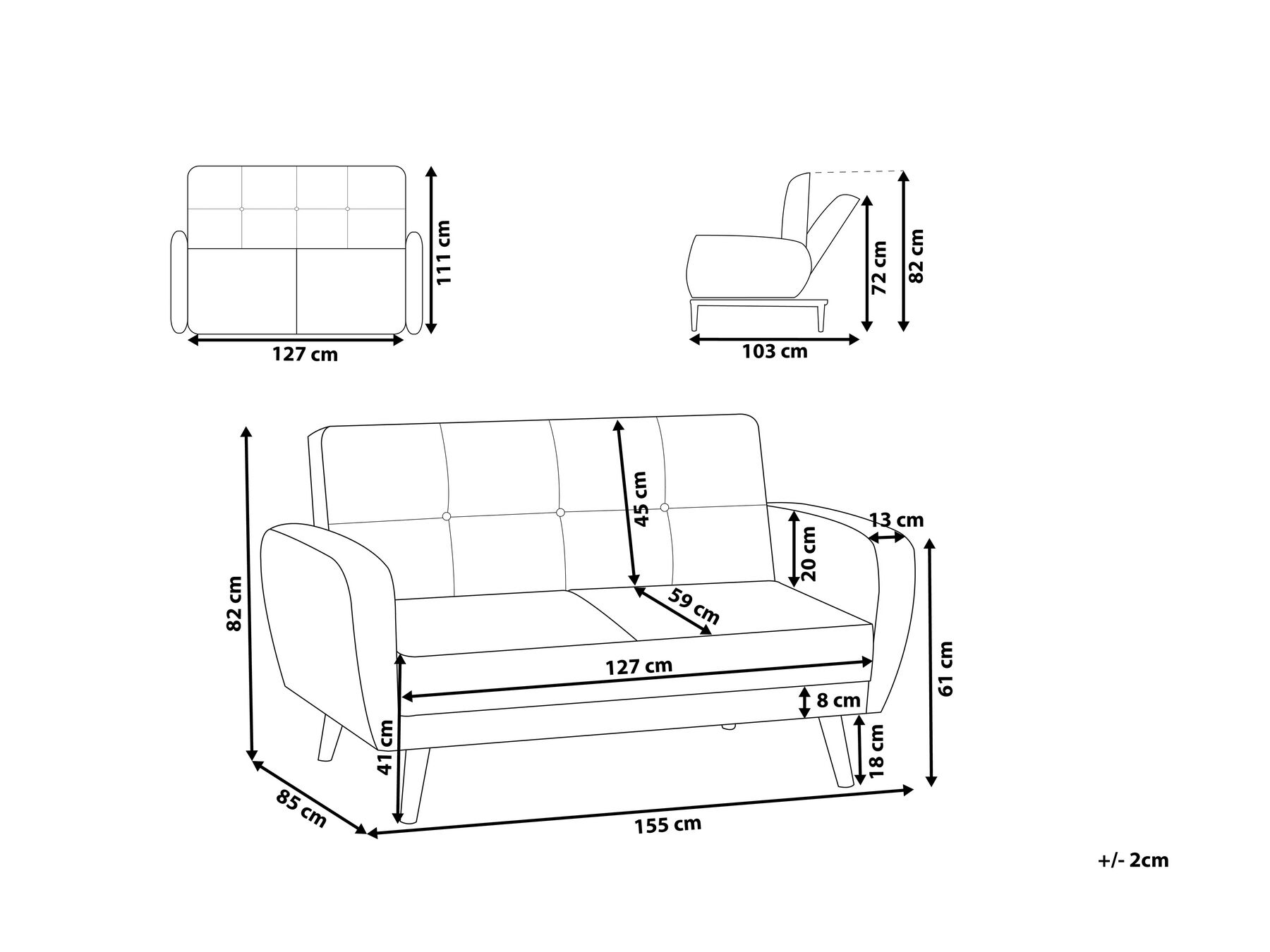 Sofa Bed 2 Seater FLORLI Fabric Light Grey_704140
