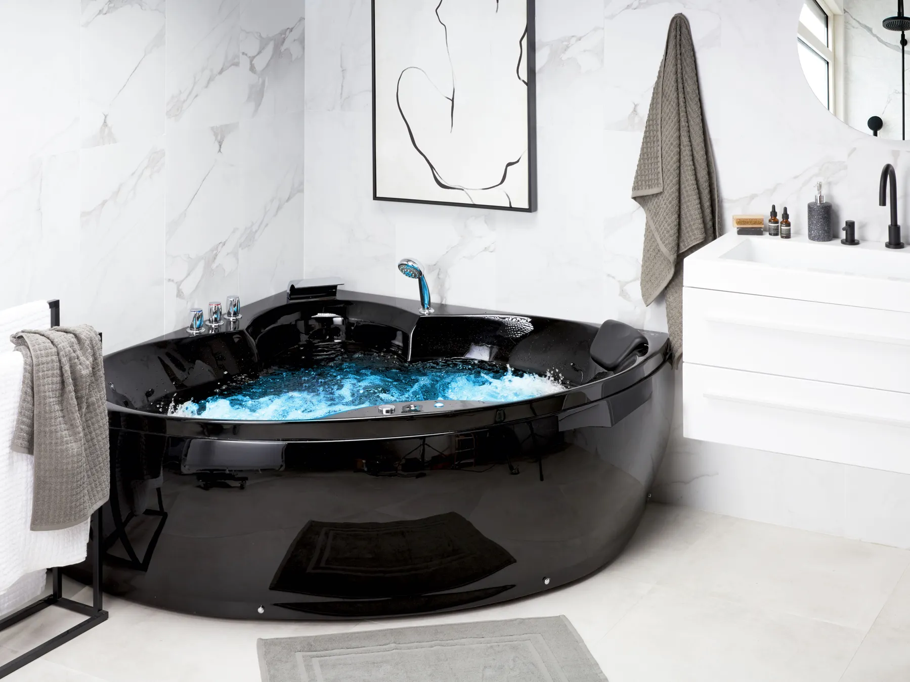 Corner Hot Tub with LED SENADO 2050 x 1500 mm Black_780576