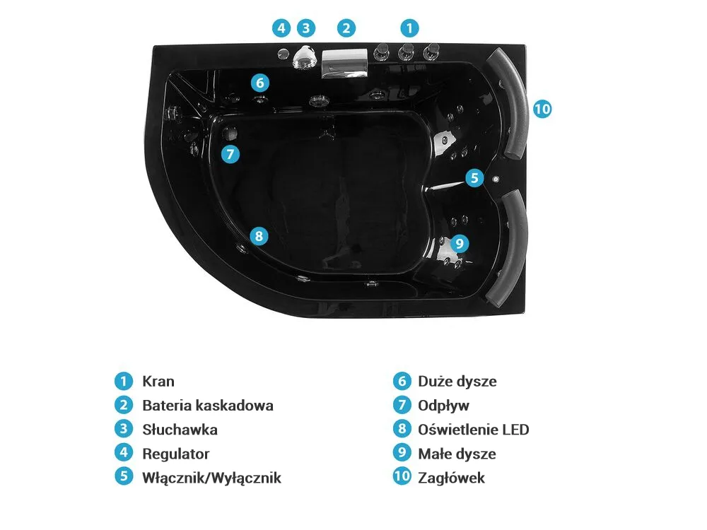 Wanna narożna z hydromasażem LED PARADISO 158 x 113 cm Czarny Lewostronny_781600