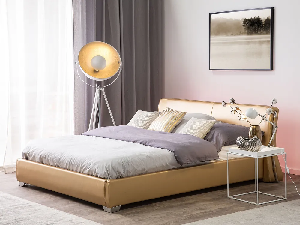 Łóżko LED Skóra naturalna PARIS 180 x 200 cm LED Złoty