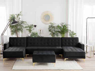 5 Seater U-Shaped Modular Velvet Sofa with Ottoman Black ABERDEEN