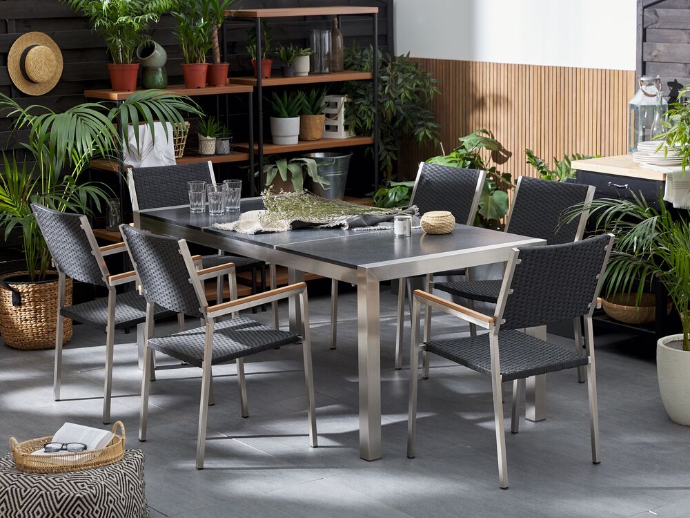 6 Seater Dining Set Black Basalt Top Rattan Chairs GROSSETO Beliani