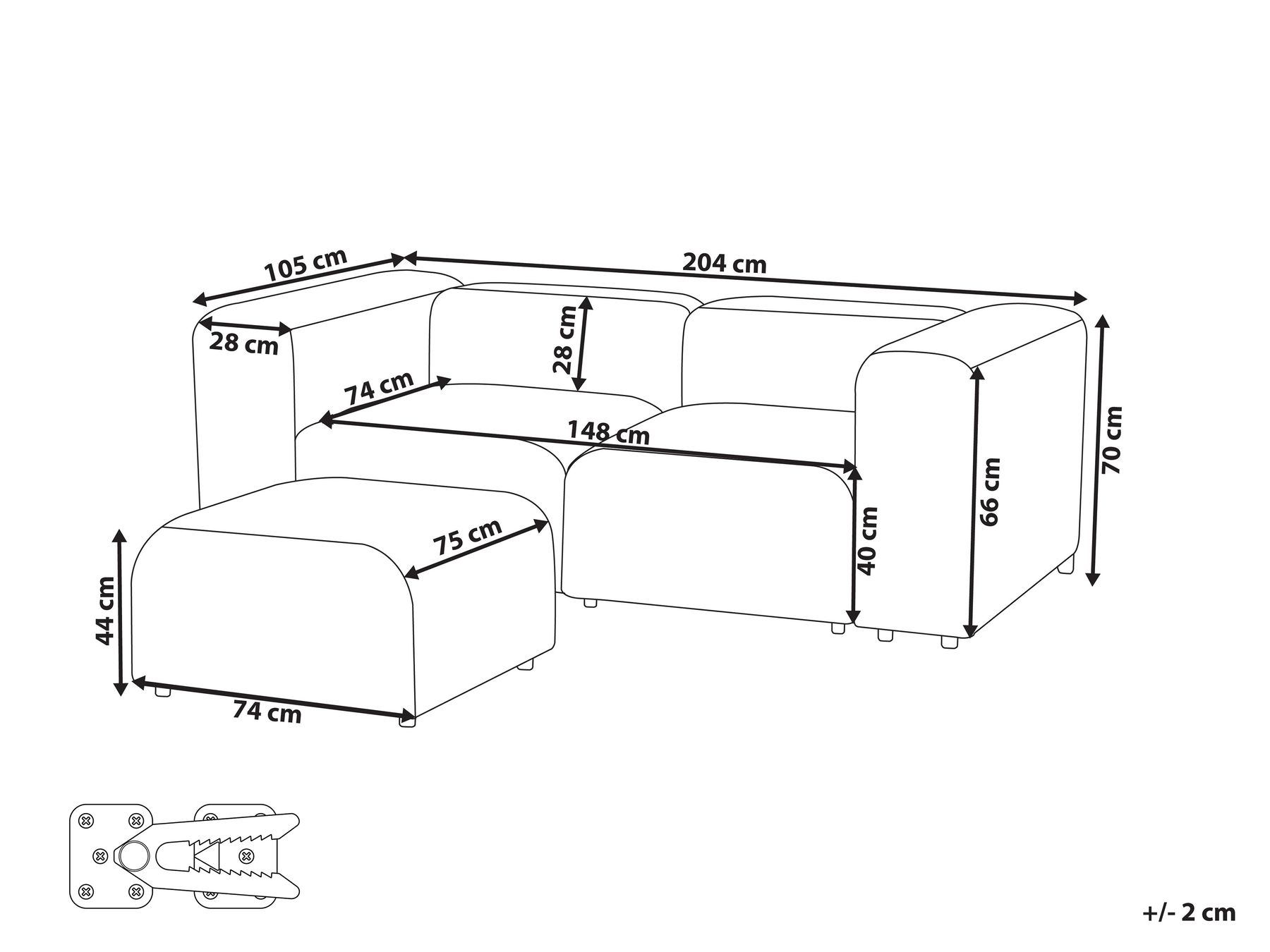 2 Seater Modular Corduroy Sofa with Ottoman Grey FALSTERBO_916211