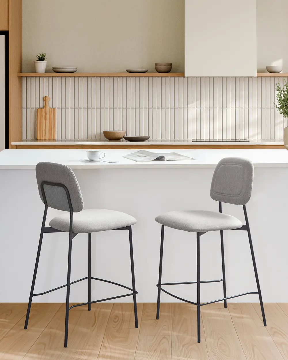 Set of 2 Bar Chairs DUETTE Faux Linen Light Grey