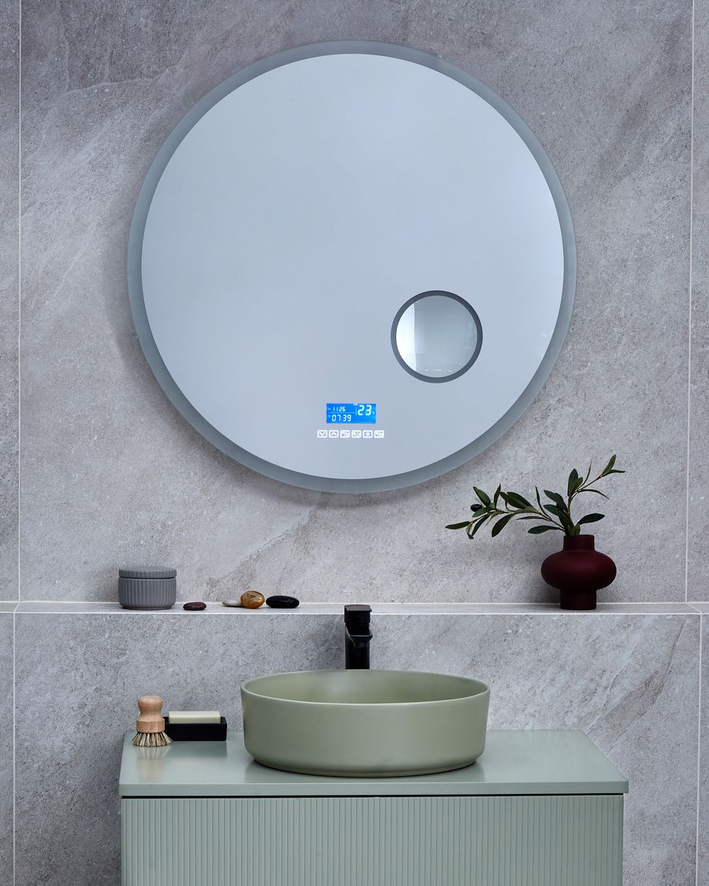 Round bathroom mirror with bluetooth speaker discount
