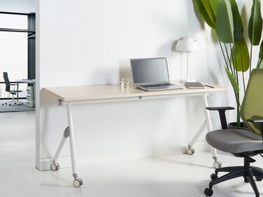 Folding Office Desk with Casters 160 x 60 cm Light Wood and White BENDI