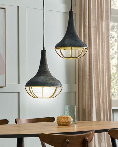 2 Light Mango Wood Pendant Lamp Black and Brass BAGMATI