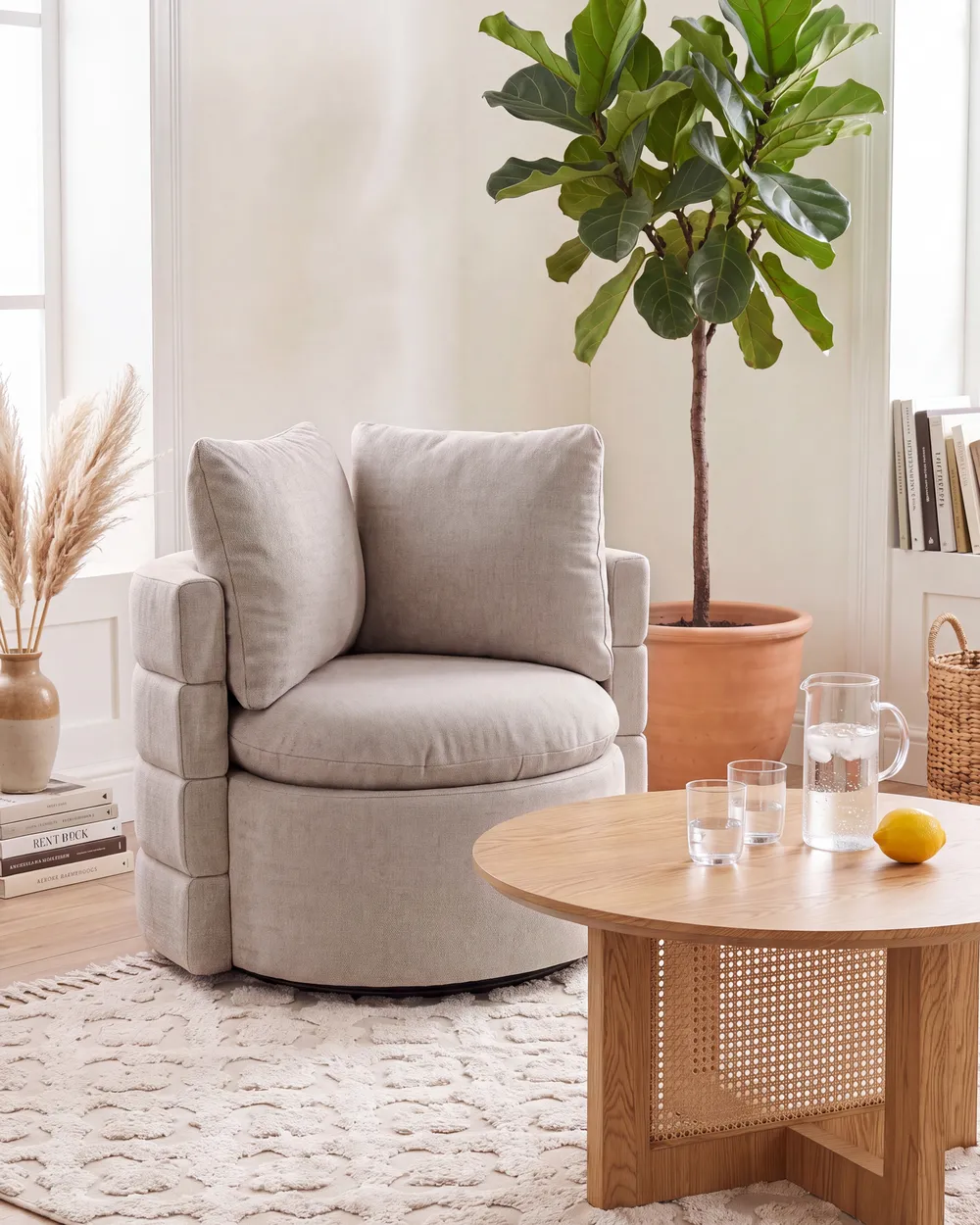 Swivel Armchair RANDERS with Storage Fabric Beige_1087936