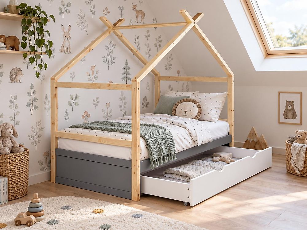 Kinderbett Haus Kiefernholz ORGEVAL 90 x 200 cm mit Stauraum Grau