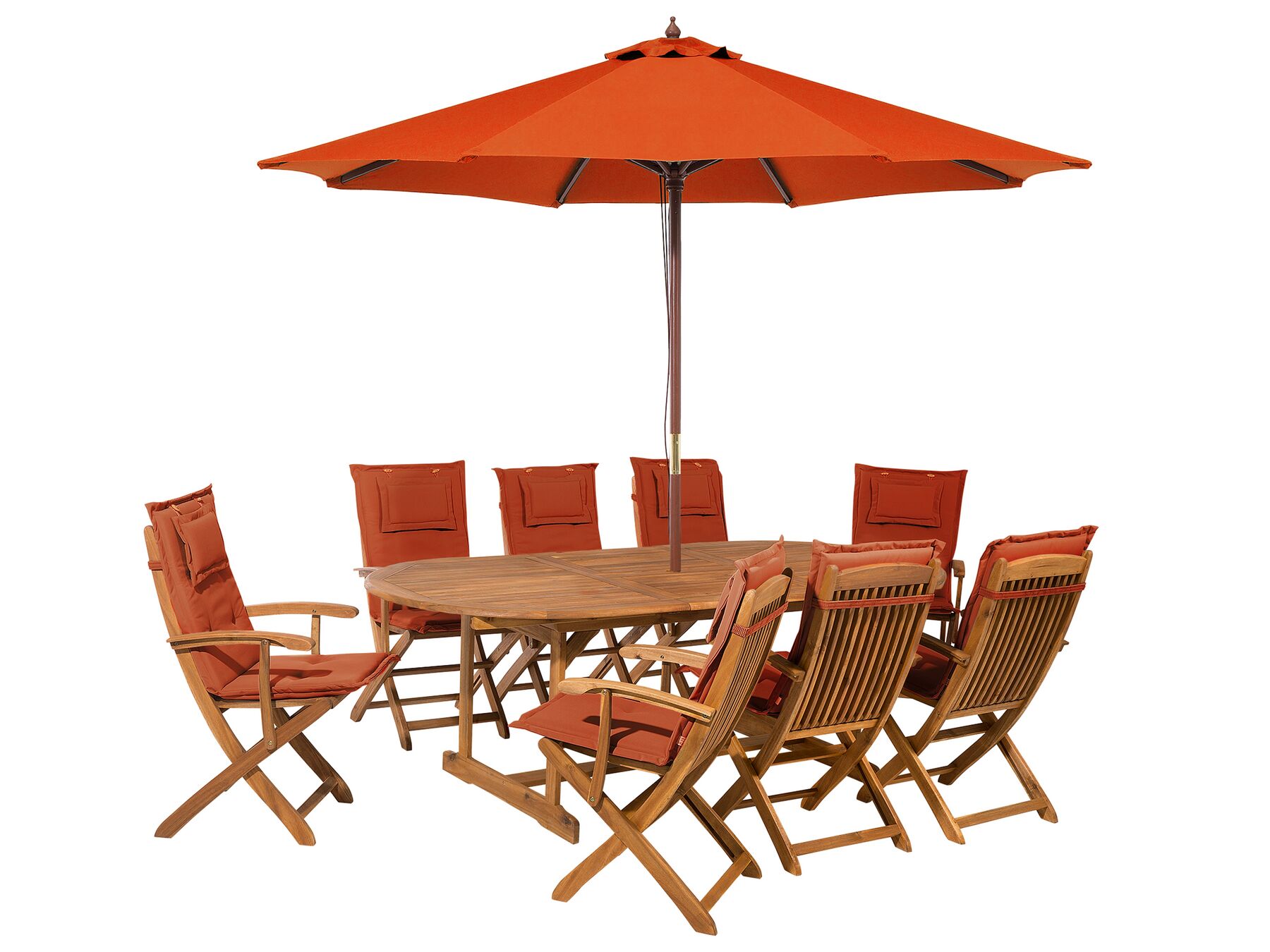 Zestaw ogrodowy drewniany stół z parasolem i 8 krzeseł z poduszkami bordowymi MAUI_743947