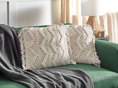 Set of 2 Cotton Macrame Cushions with Tassels 45 x 45 cm Light Beige KIRIKKALE