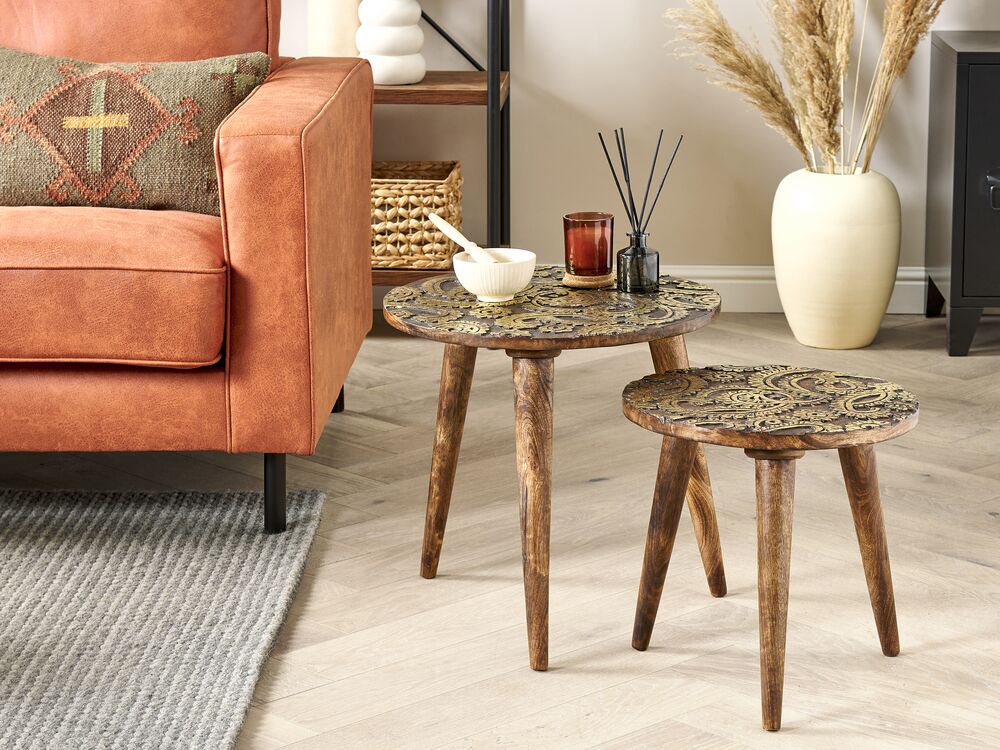 Set of 2 Mango Wood Side Tables Dark and Gold CHANPI Beliani