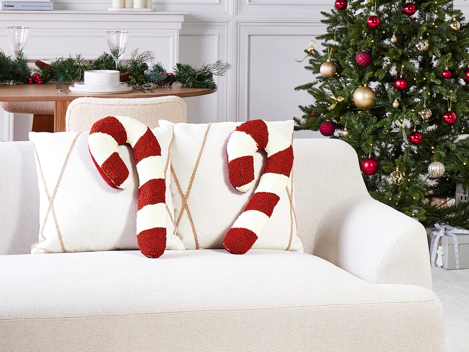Zestaw 2 poduszek dekoracyjnych CANDY CANE 22 x 55 cm Boucle Czerwony Wzór świąteczny_947107