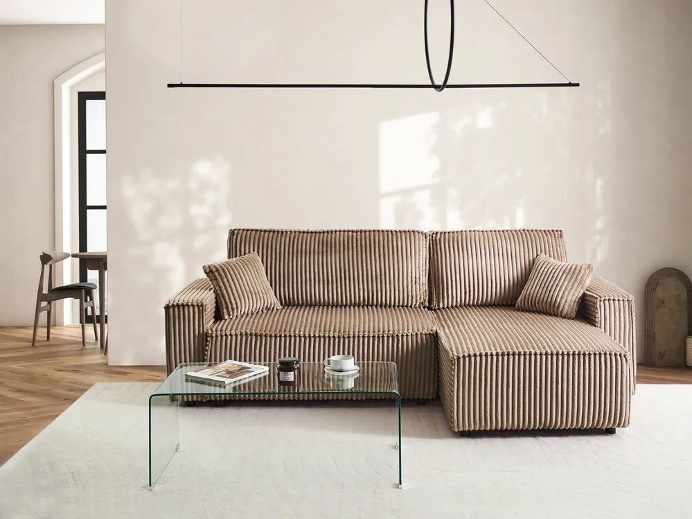 Corner Sofa Bed 3 Seater ABACKA with Storage Corduroy Light Brown Left Hand