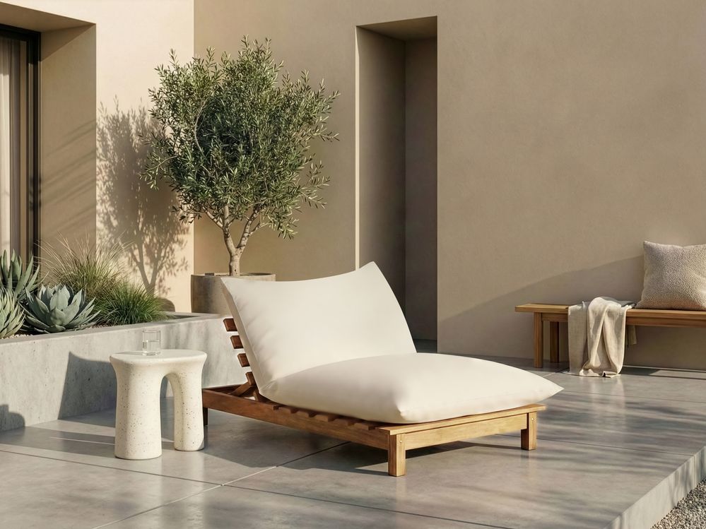 Sun Lounger with Cushion SUNO Reclining Acacia Wood Light Brown