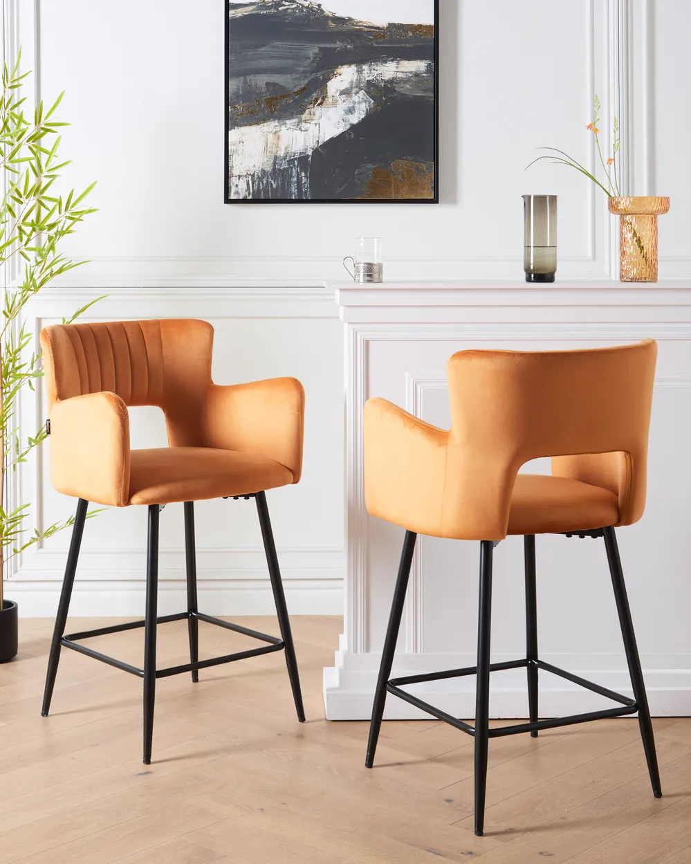 Set of 2 Bar Chairs SANILAC Velvet Orange