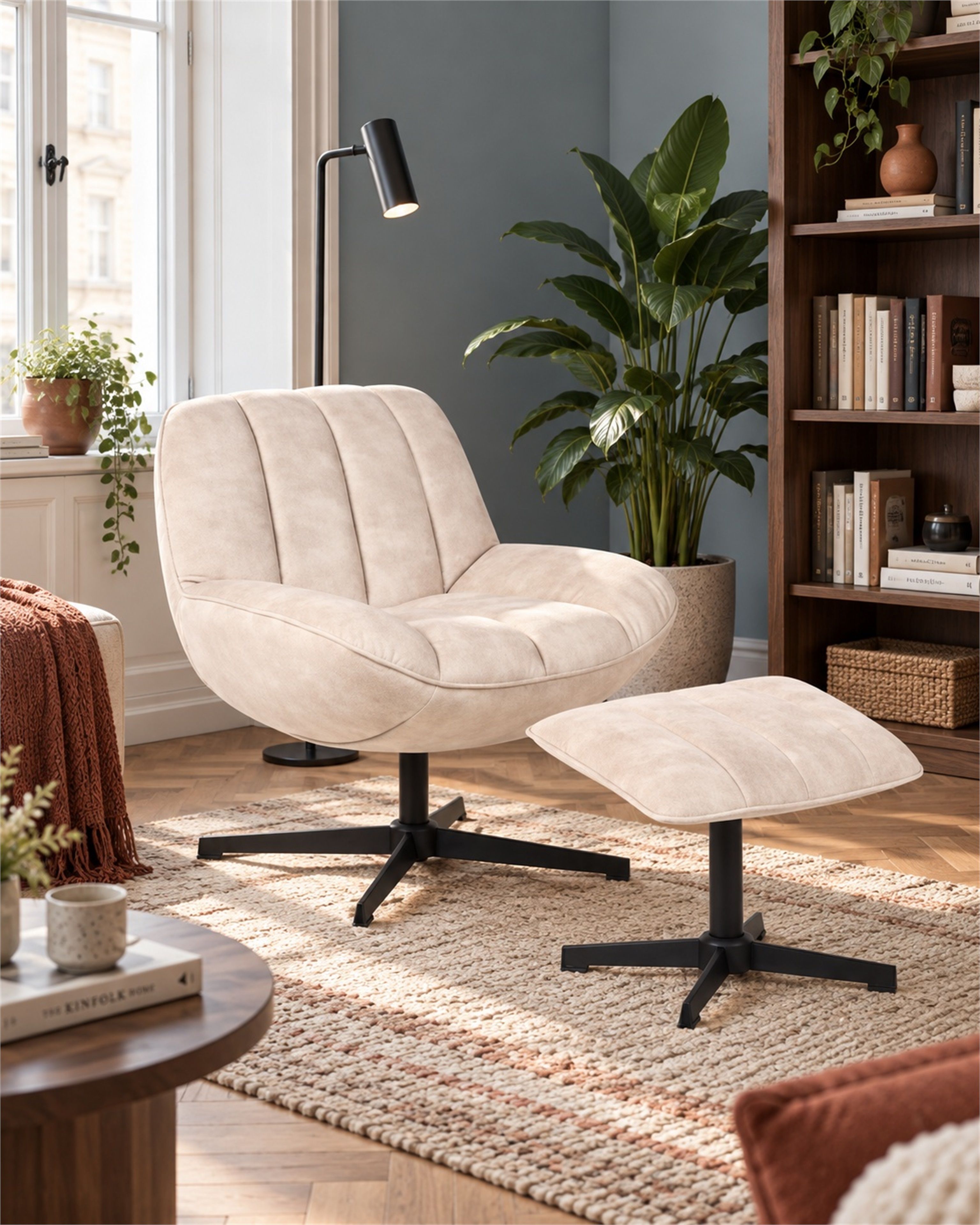 Stuhl mit Fußhocker LIA mit Fußstütze Samtstoff Beige | Beliani.de