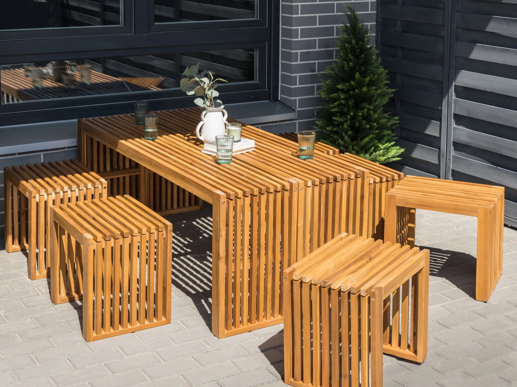 Garden Dining Set with Benches and Stools 6 Seater BELLANO Acacia Wood Brown_921982