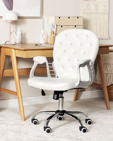 Swivel Faux Leather Office Chair White with Crystals PRINCESS