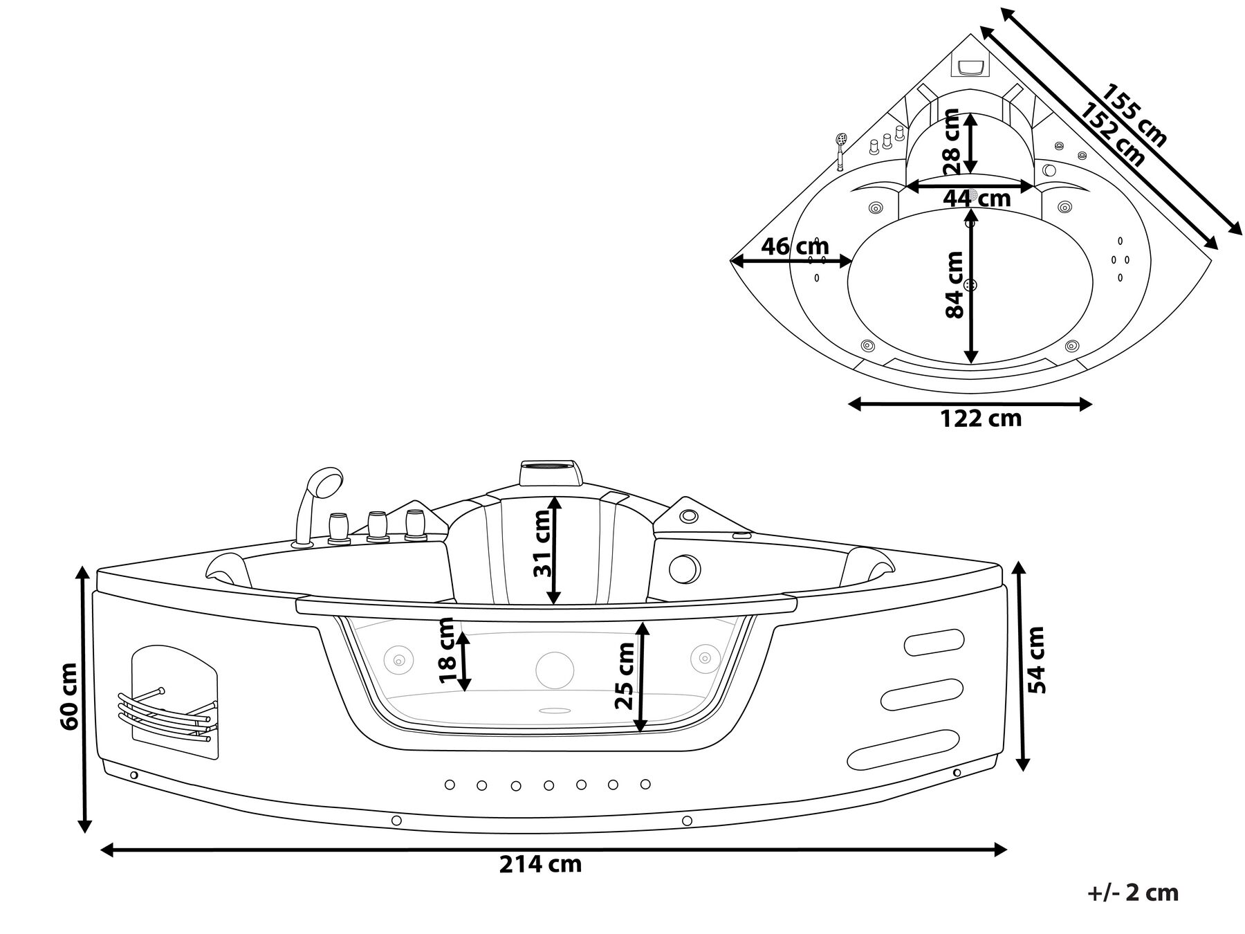 Wanna narożna z hydromasażem LED MARTINICA 214 x 155 cm Czarny_680957