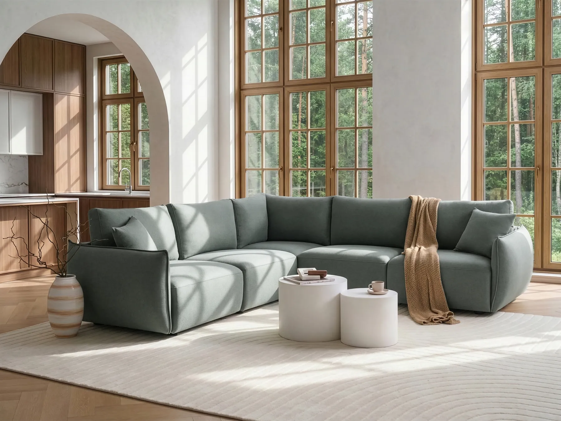 Modular Corner Sofa 5 Seater MESNALI Fabric Green Right Hand_1046665