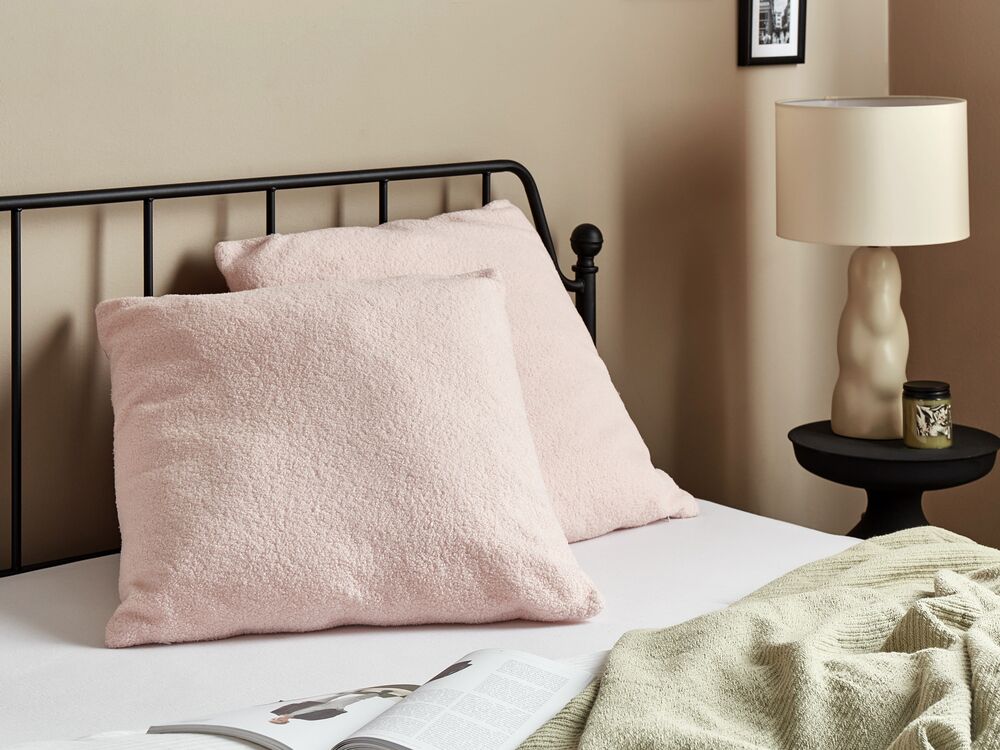 Set of 2 Decorative Cushions LEUZEA 60 x 60 cm Boucle Pastel Pink Solid