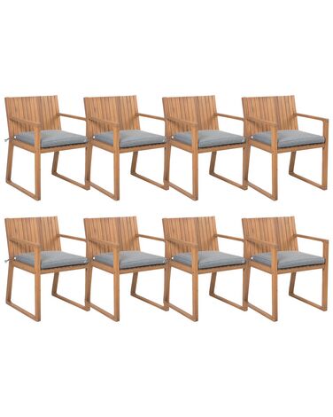 Zestaw 8 krzeseł ogrodowych akacjowy jasne drewno z poduszkami szarymi SASSARI