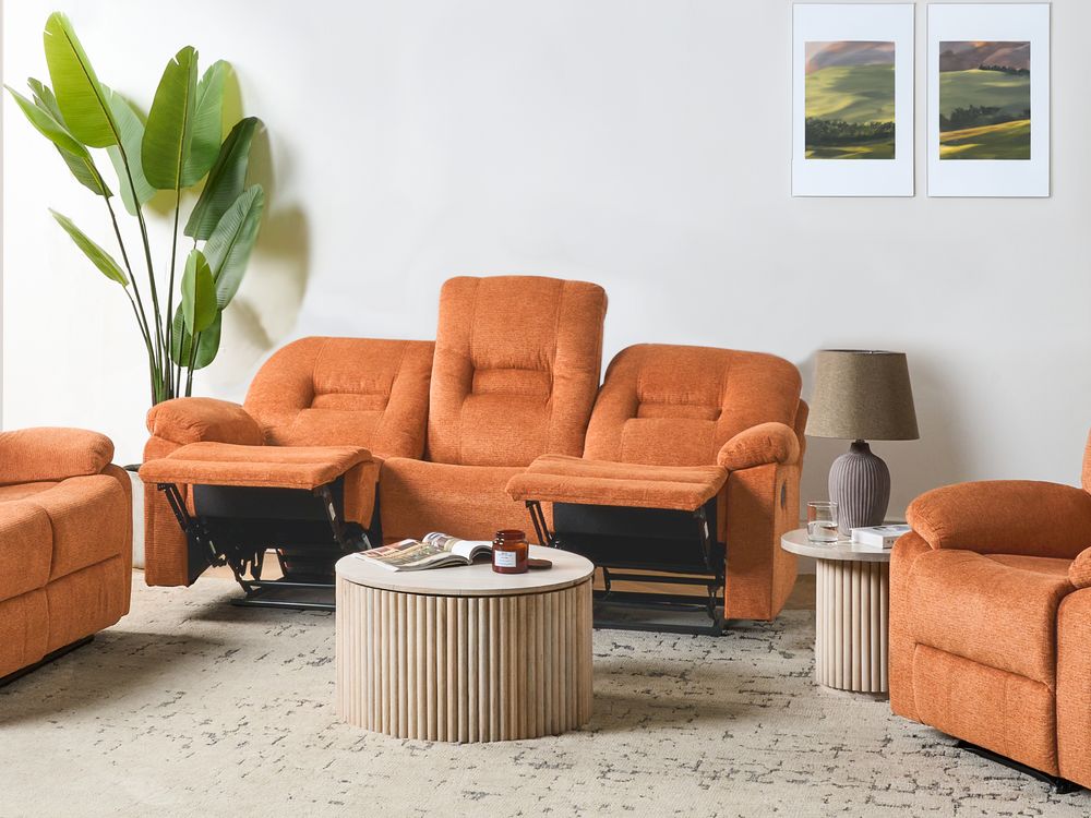 3 Seater Fabric Manual Recliner Sofa Orange BERGEN Beliani