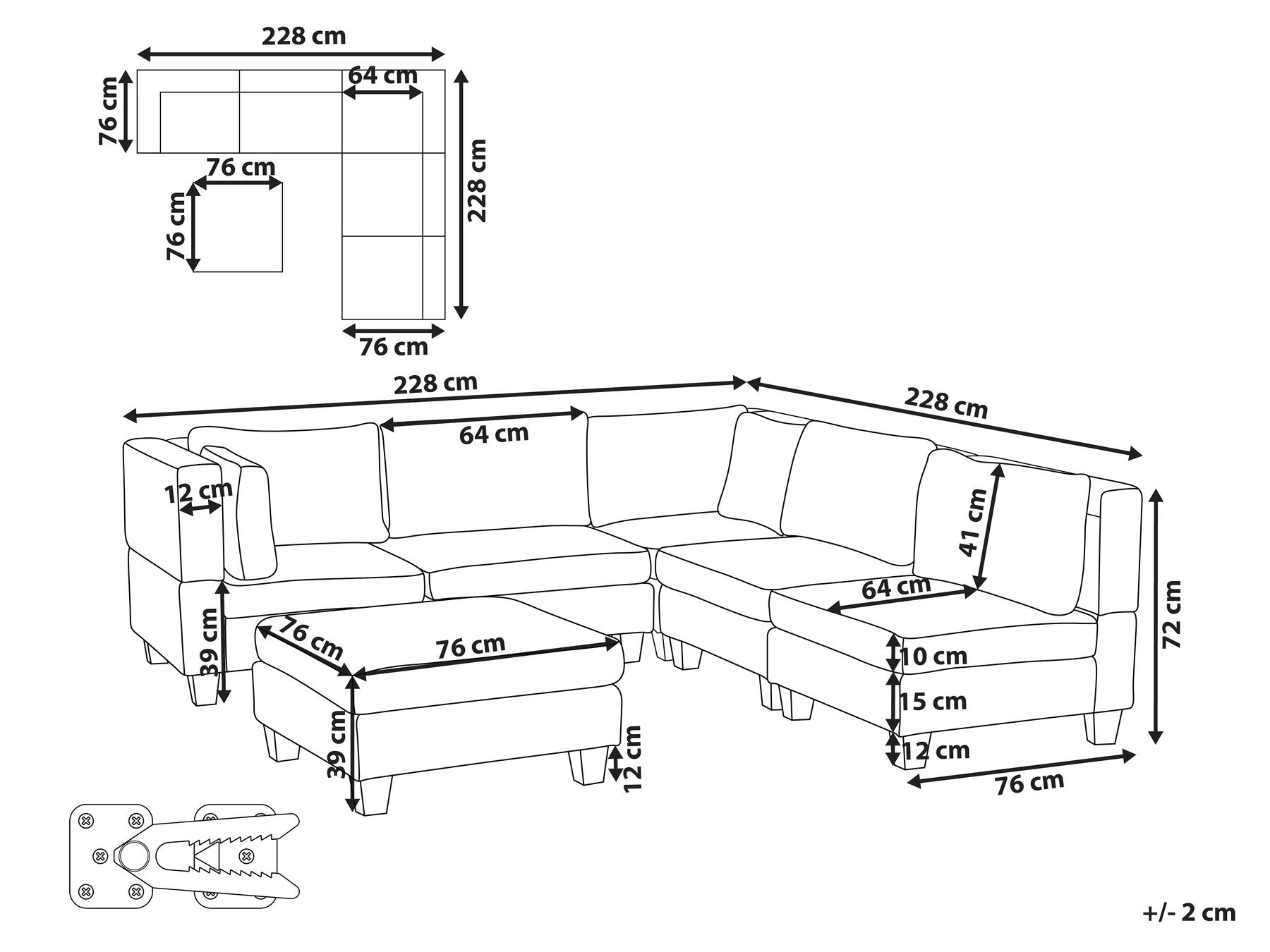 5 Seater Left Hand Modular Fabric Corner Sofa with Ottoman Blue UNSTAD_936555