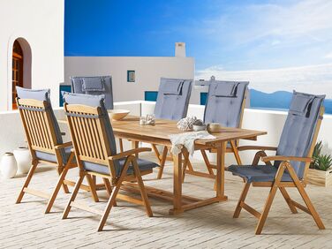 6 Seater Acacia Wood Garden Dining Set with Blue Cushions JAVA