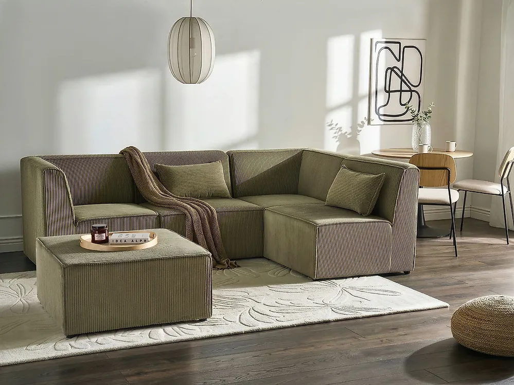 Modular Corner Sofa 4 Seater LEMVIG with Ottoman Corduroy Green Left Hand_1188311