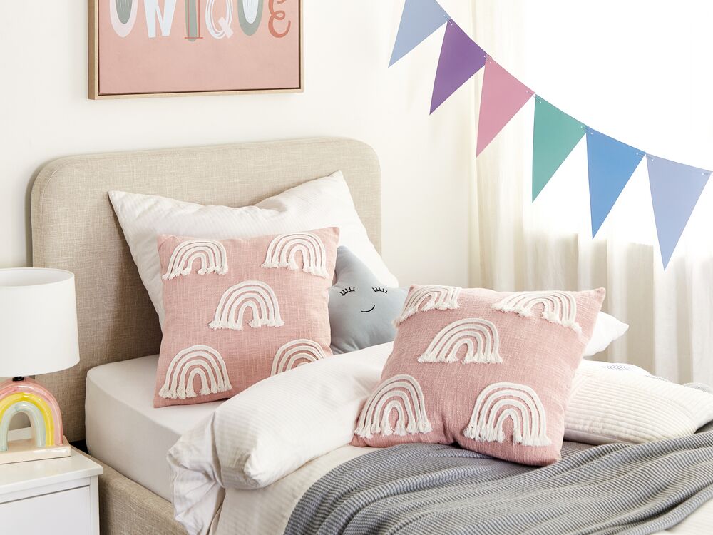 Set of 2 Cotton Cushions Embroidered Rainbows 45 x 45 cm Pink LEEA Beliani