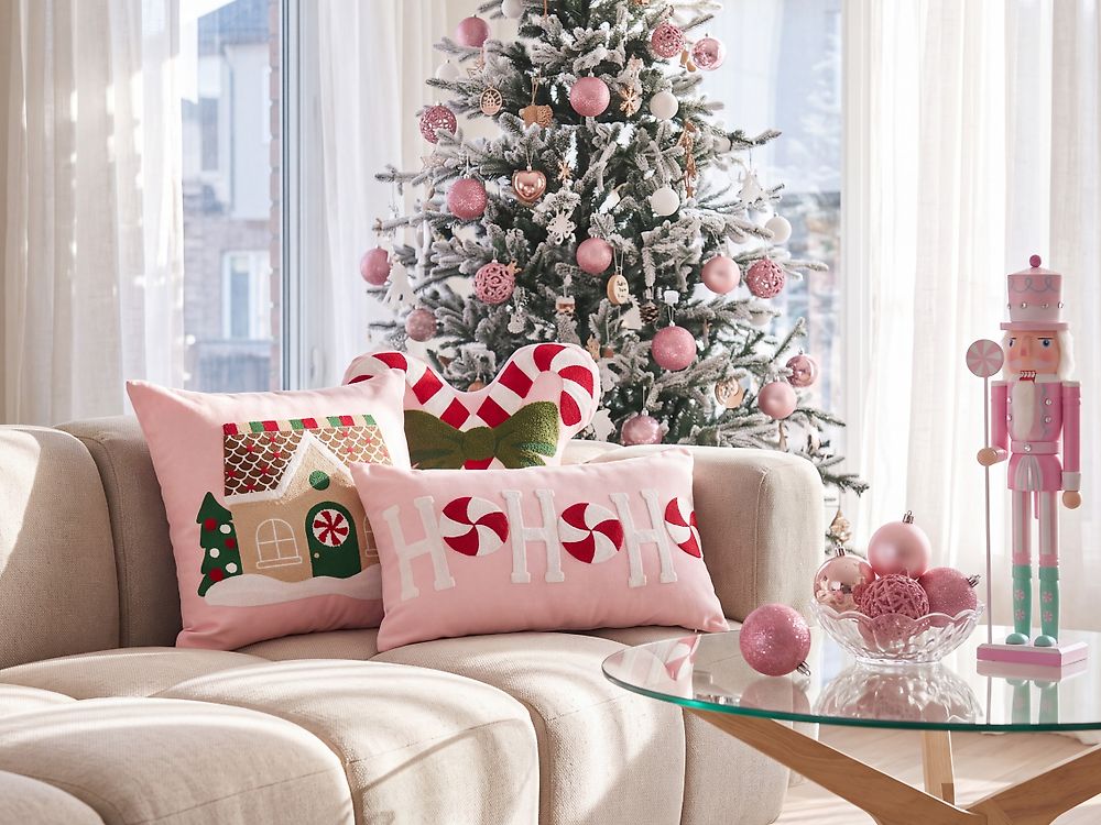 Set of 3 Decorative Cushions VELLYN 30 x 50 cm 45 x 45 cm Cotton Pink Christmas Motif
