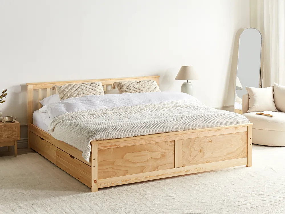 Bed with 2 Drawers OLENDON Pine Wood Light Brown 160 x 200 cm (EU King Size)_954873