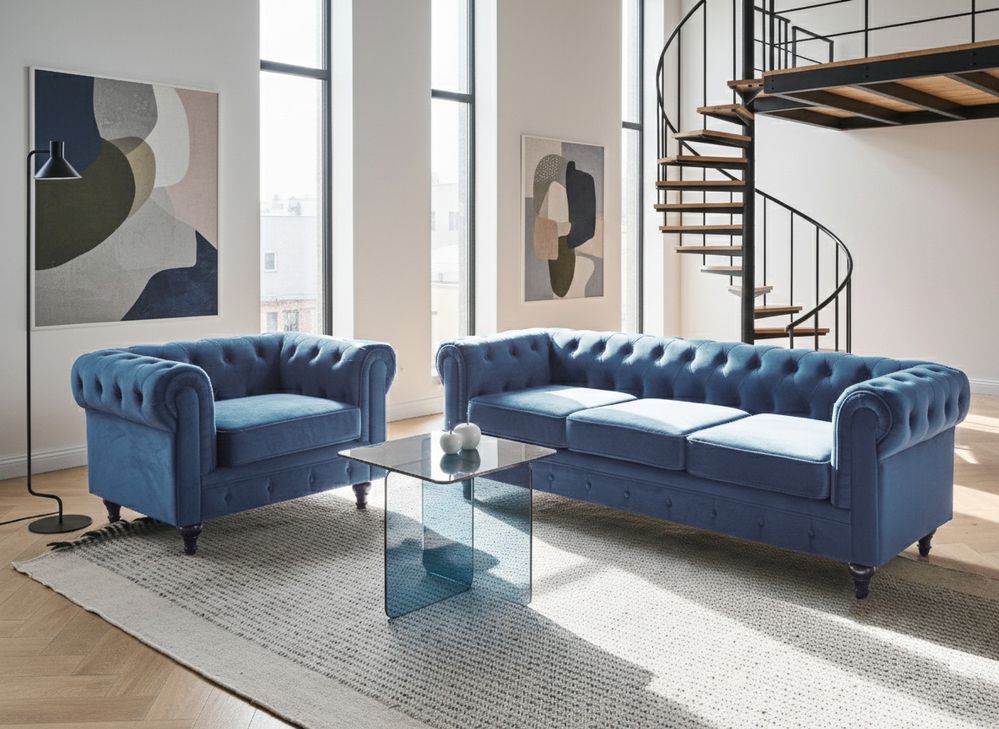 Living Room Set 4 Seater CHESTERFIELD Velvet Navy Blue