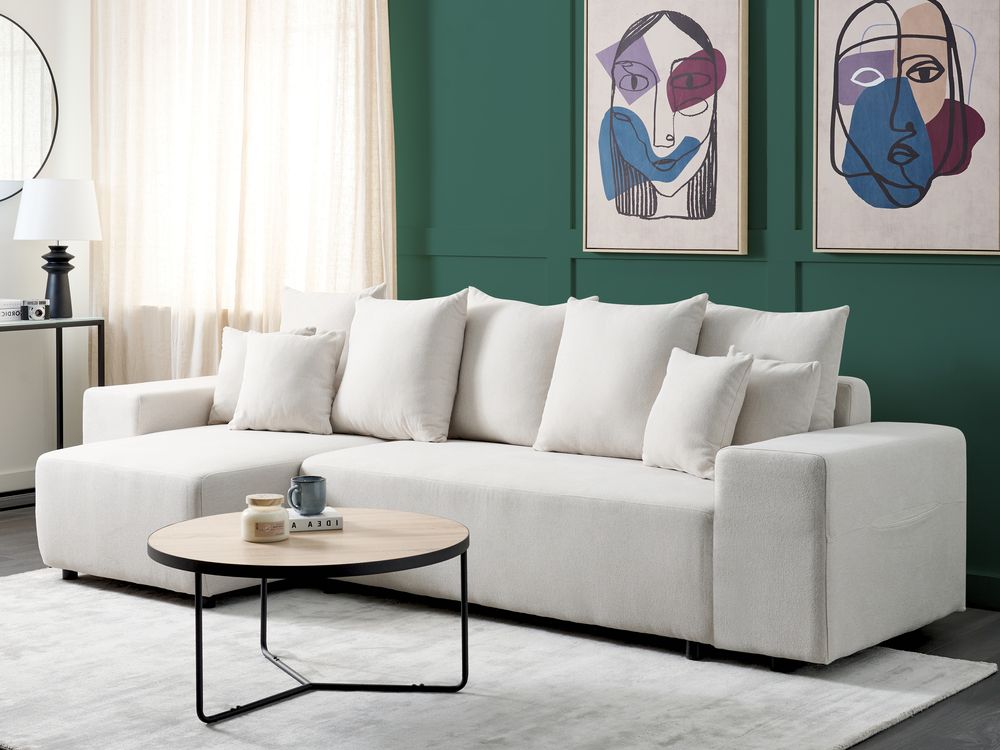 Eckschlafsofa 3-Sitzer LUSPA mit Stauraum Stoff Hellbeige rechtsseitig